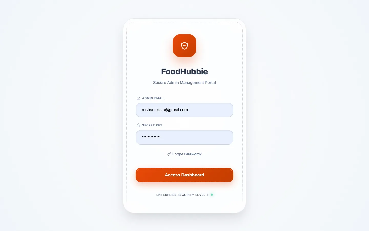 FoodHubbie ERP admin dashboard login — secure access to restaurant command center