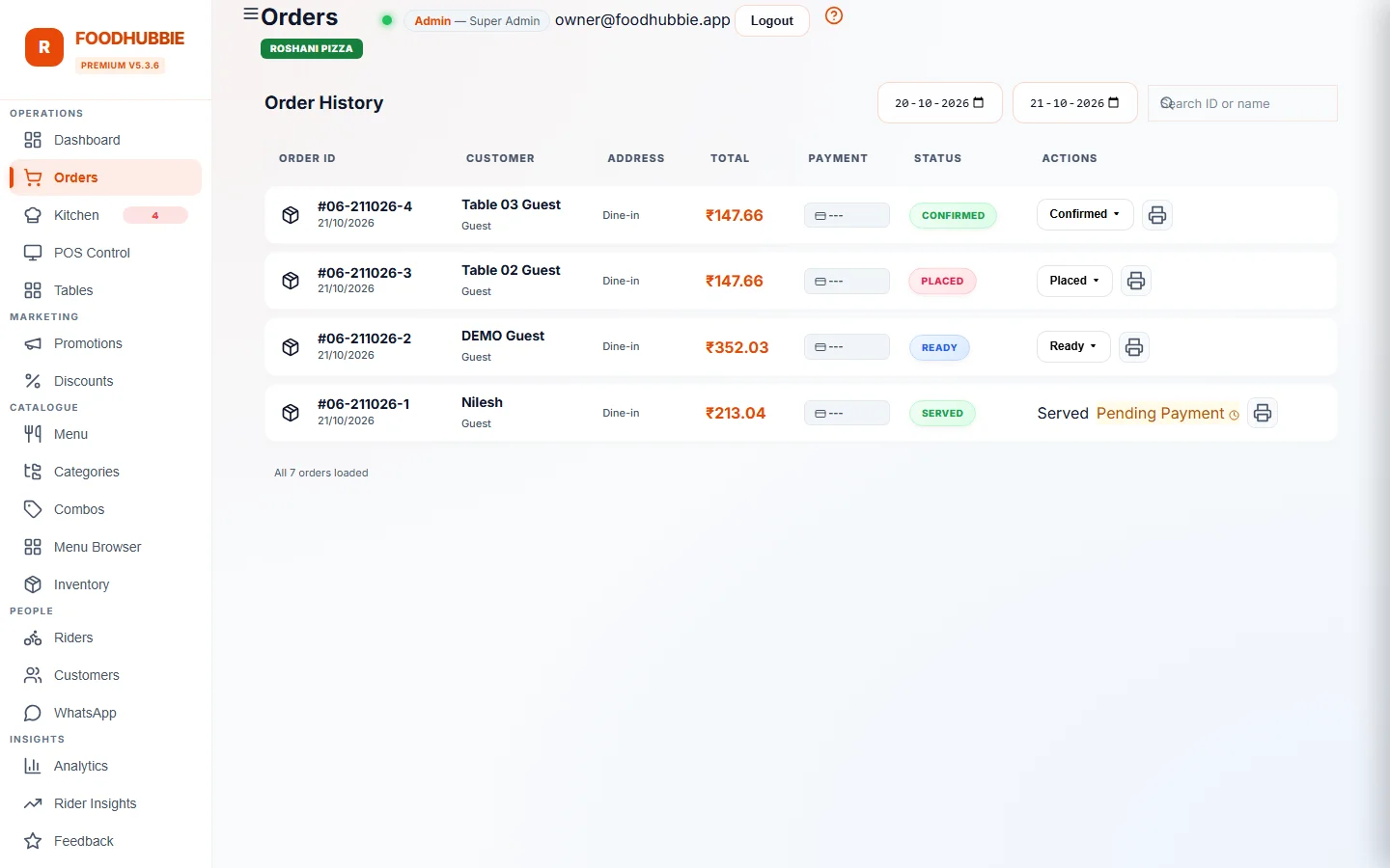 FoodHubbie ERP orders management — complete order history and tracking