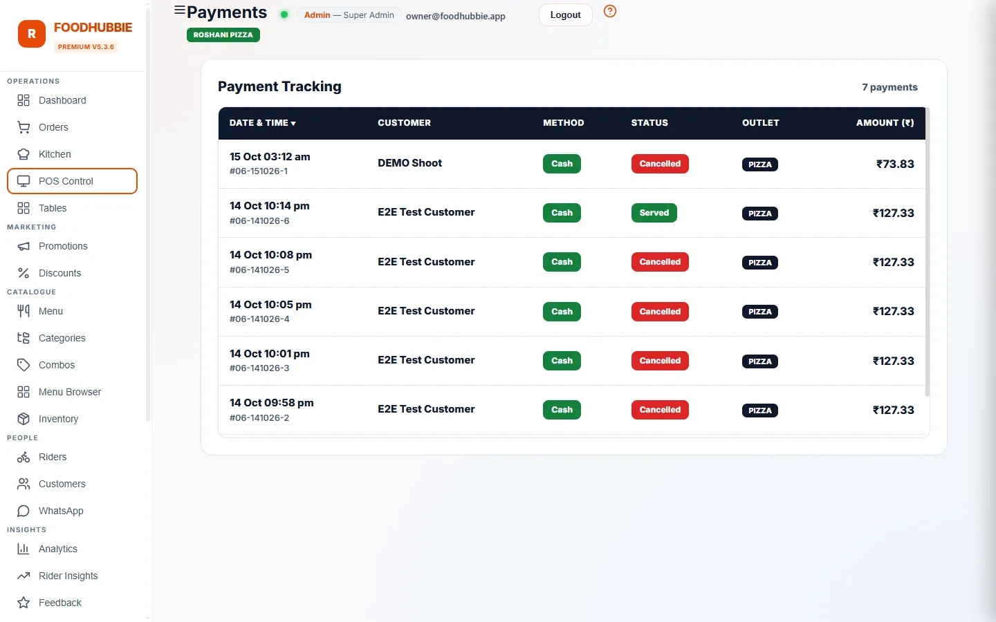 FoodHubbie ERP payment tracking — transaction status and history