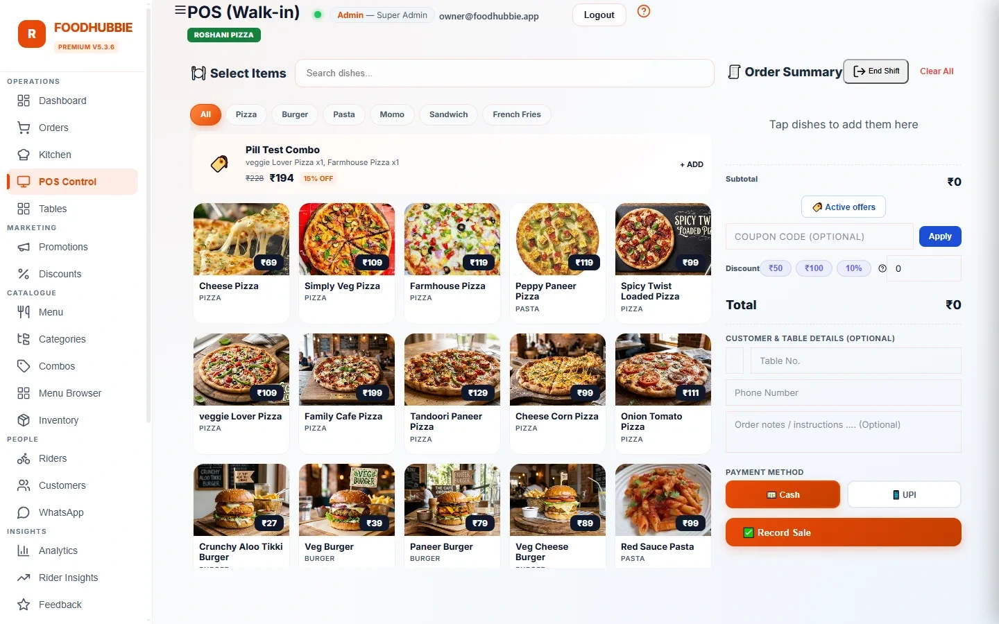 FoodHubbie ERP point of sale — walk-in and phone order management